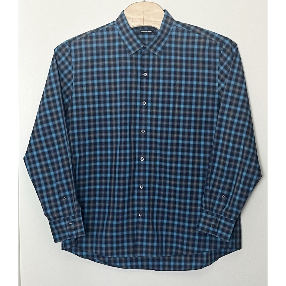 Zachary Prell Shirt Men's XXL Blue‎ Plaid Button Up Quiet Luxury Professional